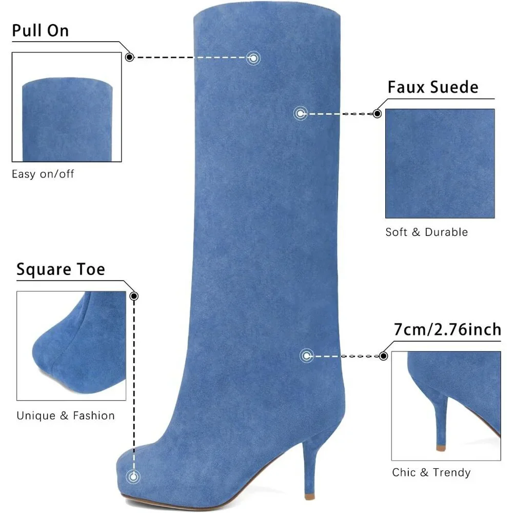 Women's Blue Wide Calf Square Toe Stiletto Heels Knee High Suede Boots